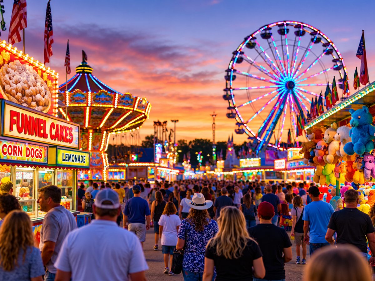 County fair midway at sunset with a lit Ferris wheel and crowds